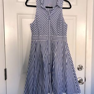 Never worn blue and white striped, sleeveless, fit and flare dress.